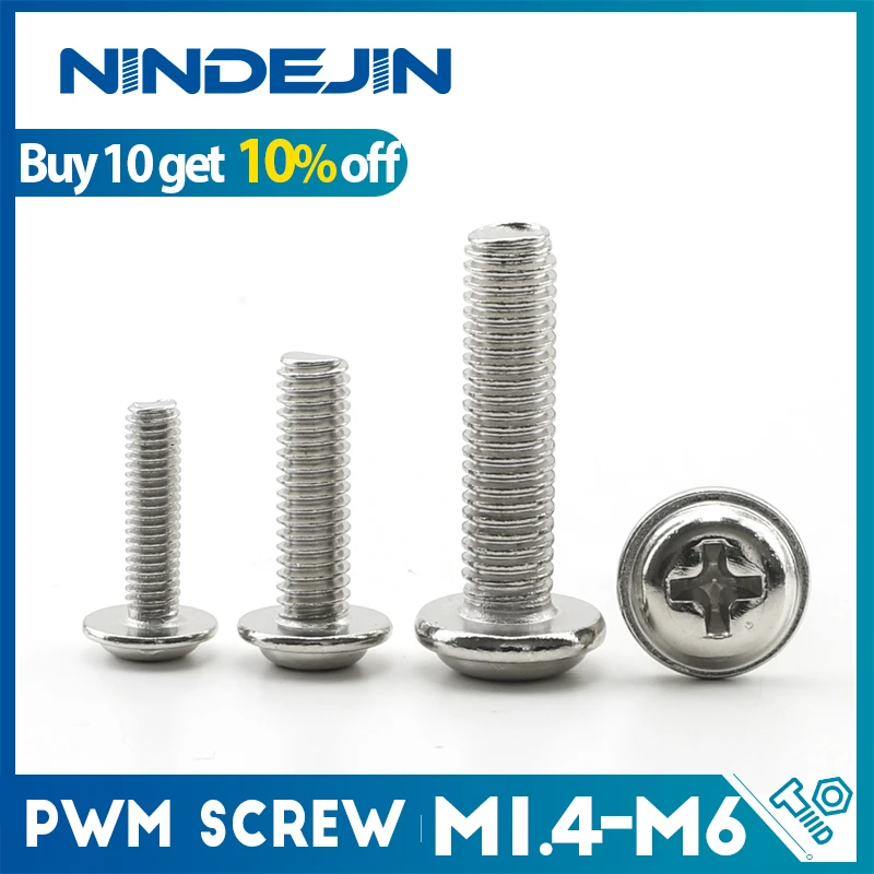 NINDEJIN 50/100pcs M3 M4 M5 304 Stainless Steel Cross Phillips Pan Round Truss Head with Washer Padded Collar Machine Screw PWM