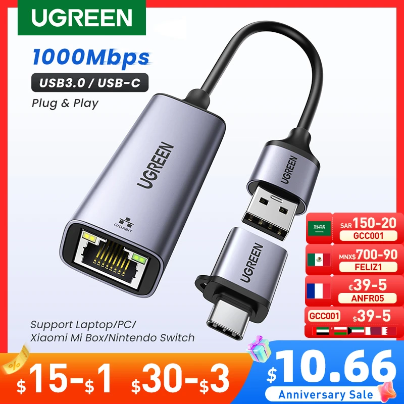 UGREEN USB3.0 Ethernet Adapter 1000Mbps Network Card RJ45 Lan for Laptop Windows PC Xiaomi Mi Box S Nintendo Switch Ethernet USB