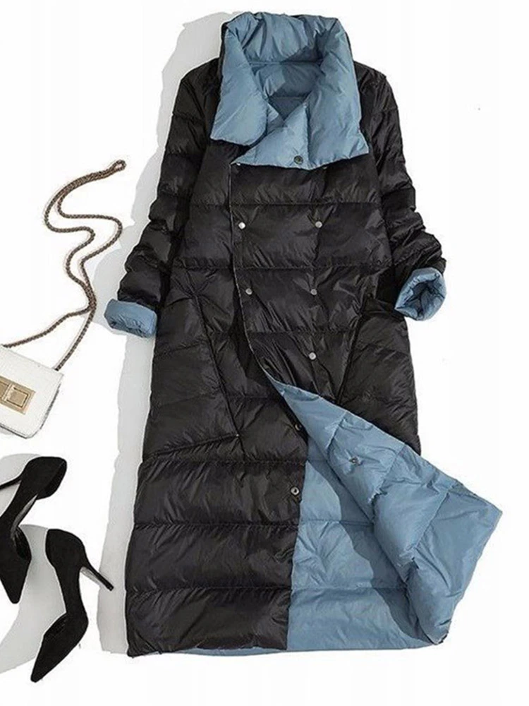Fitaylor Women Double Sided Down Long Jacket Winter Turtleneck White Duck Down Coat Double Breasted Parkas Warm Snow Outwear