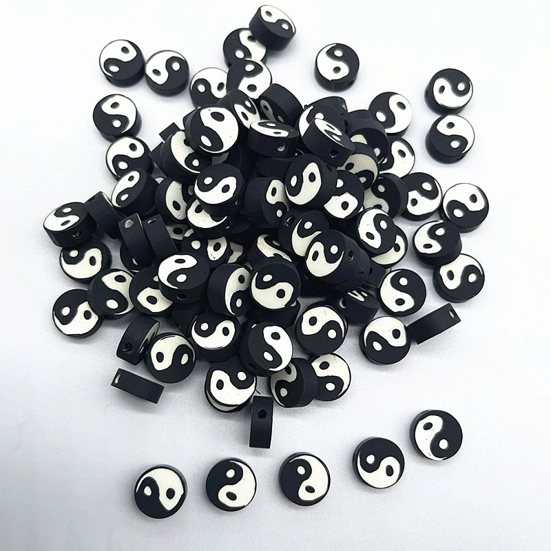 30pcs10mm Black Tai Chi Design Polymer Clay Spacer Loose Beads for Jewelry Making DIY Bracelet Accessories