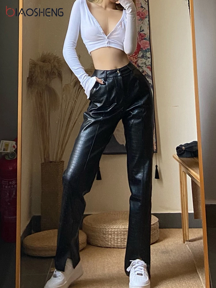 Women's pants Black Faux Leather Pants Lady PU Loose Pencil Trousers Streetwear Fashion Elegant High Waist Straight Female Pants