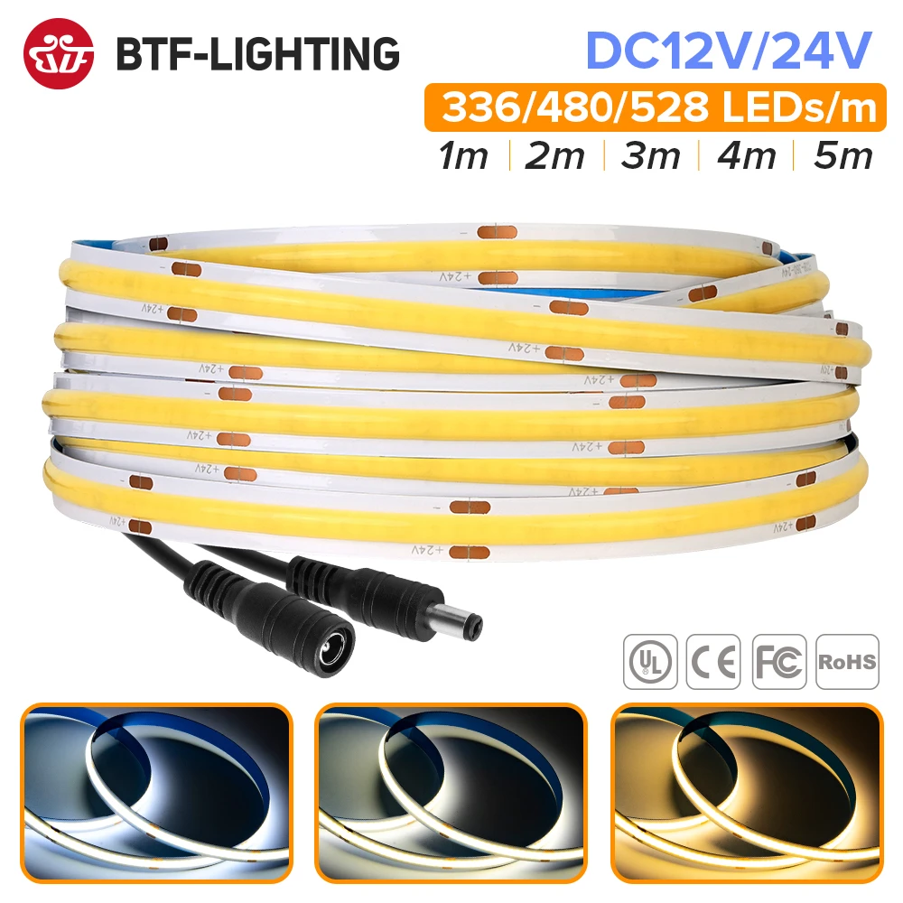 FCOB LED Strip Light 360 528 LEDs High Density Flexible FOB COB Led Lights RA90 Warm Nature Cool White Linear Dimmable DC12V 24V