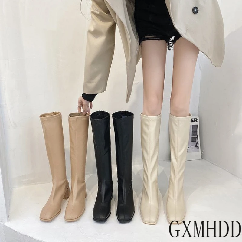 2020 New Winter Style with Fleece Medium Chunky Heel Knight Boots Women's High Tube Thinner-looked High Heel Shorty Long Boots