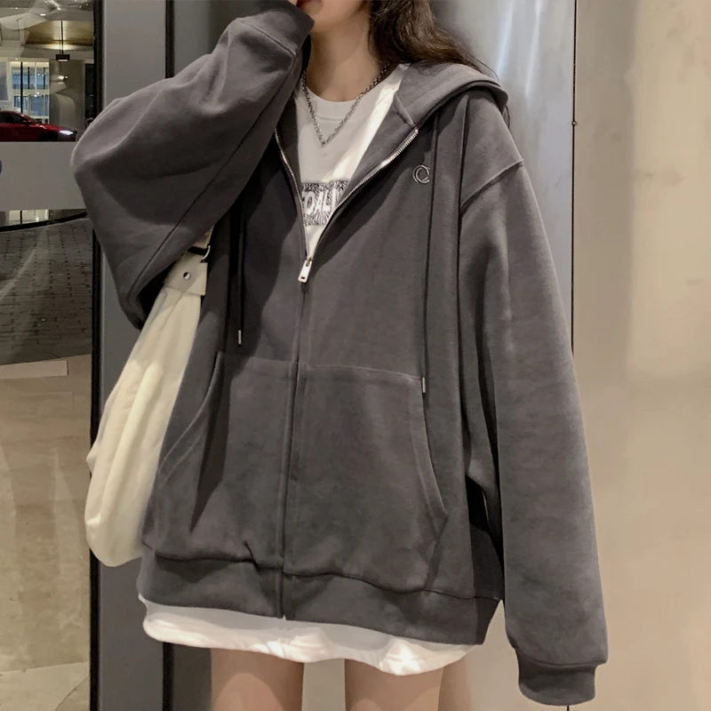 Women Korean Style Hoodies Zip-up Harajuku Oversized Solid Pocket Hooded Sweatshirts Autumn Long Sleeve Loose Baseball Jacket