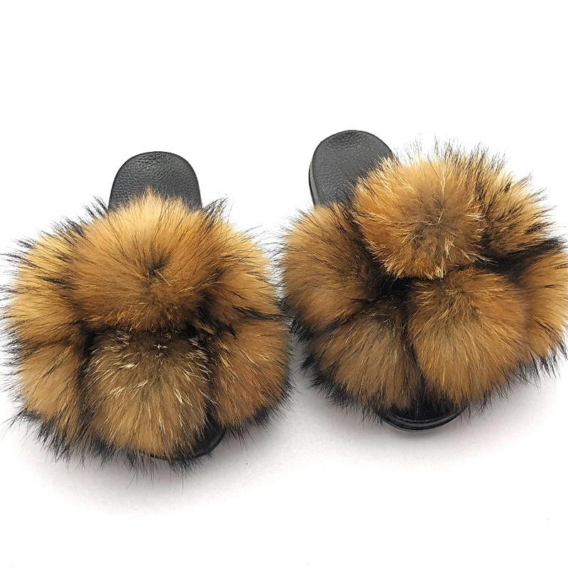 Fur Slippers Women Furry Slides Summer Fluffy Slippers House Shoes Woman Real Fur Slides Home Wholesale Women's Fur Fox Slippers