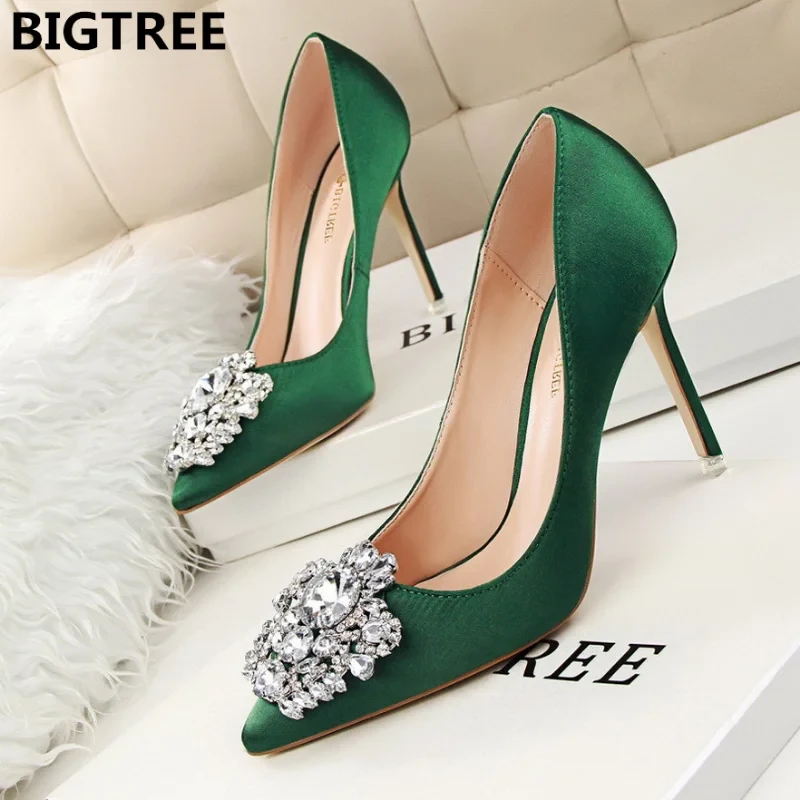 BIGTREE Silver Gray Black Women Bridal Wedding Shoes Faux Silk Satin Rhinestone Crystal Shallow Woman Pumps Stiletto High Heel