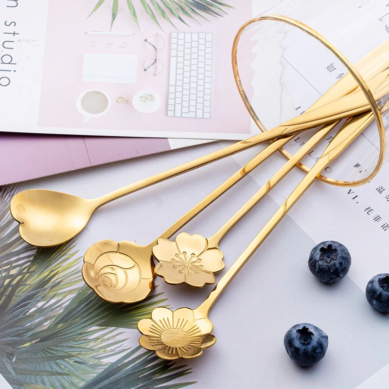 1PC Stainless Steel Spoon Cherry Rose Gold Silver Scoop Coffee Spoon Christmas Gifts Kitchen Accessories Tableware Decoration