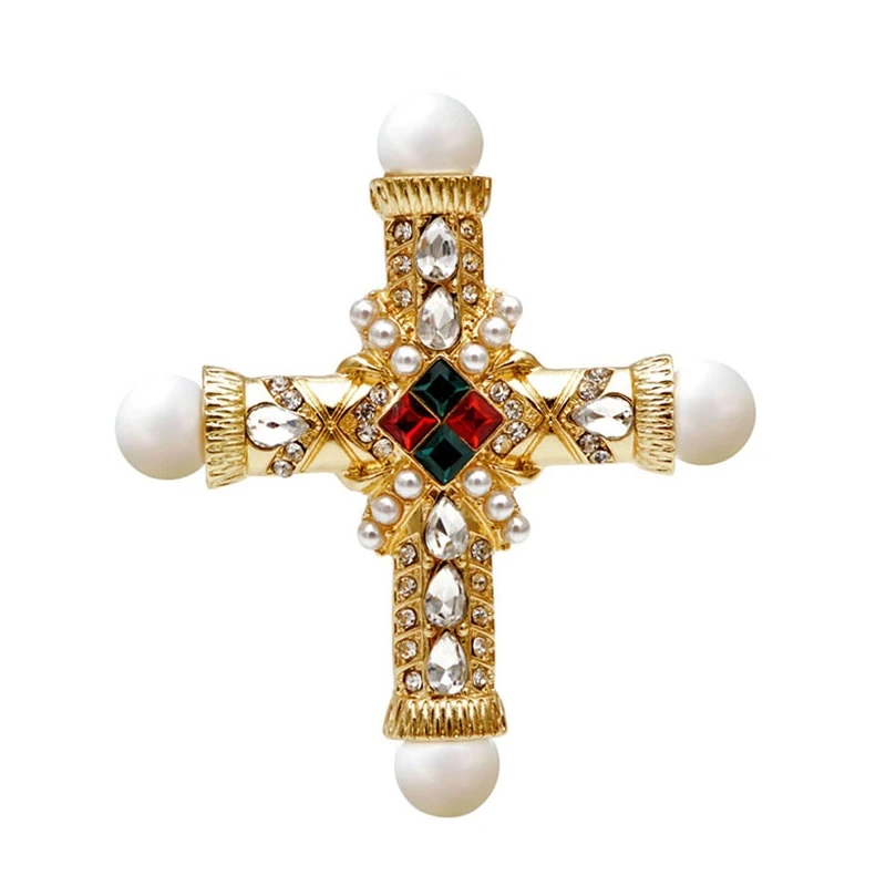 CINDY XIANG new arrival pearl rhinestone baroque cross brooch women and men unisex brooches pin fashion vintage gold color gift