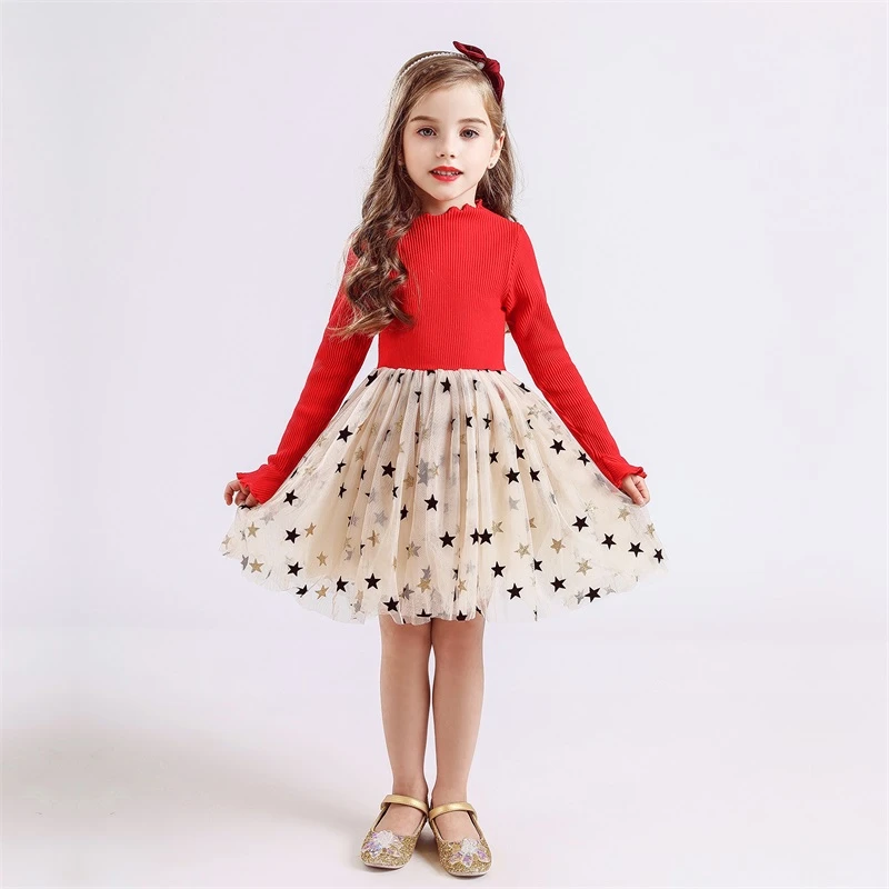 Girls Winter Dress for Kids Long Sleeve Star Sequined Princess Dresses 3 6 8 Years Old Children Cotton Knitted Christmas Clothes