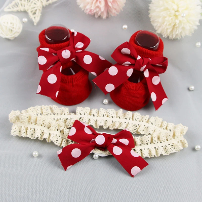 2Pcs/Set Newborn Baby Girl Socks With Headband Striped Lattice Dot Bow Infant Toddler Socks Princess Kids Accessories Gift