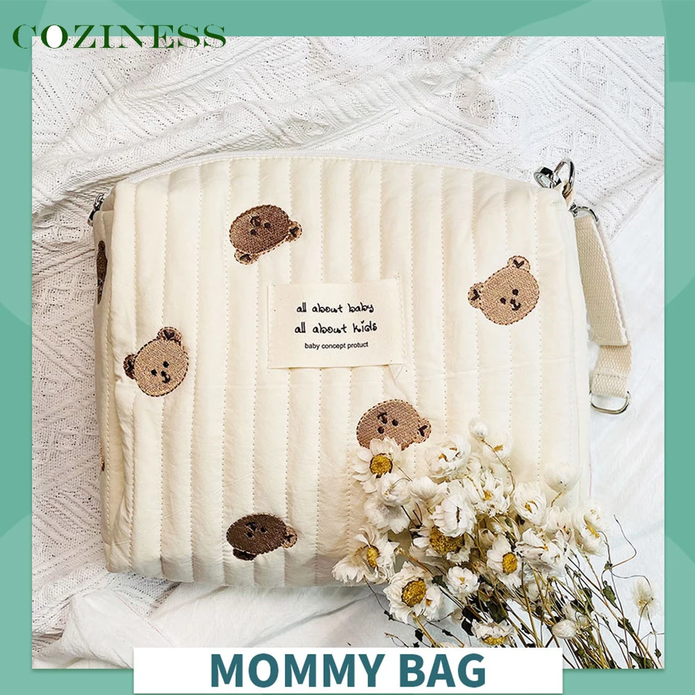 COZINESS Mommy Single Shoulder Bag Zipper Embroidery Cute Bear Print Creamy Color Mom Bag Outing Baby Stroller Diaper Bags
