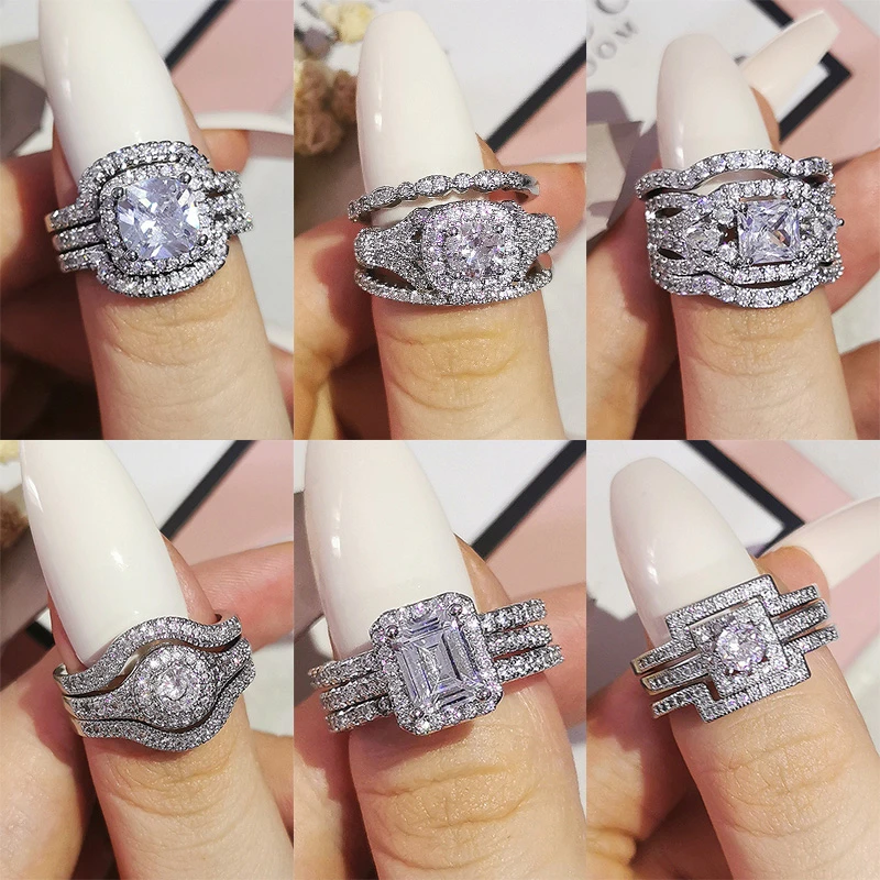 2021 New Design Luxury 3 Pcs 3 In 1 925 Sterling Silver Ring Cushion Engagement Wedding Ring Set For Women Bridal Jewelry R4308