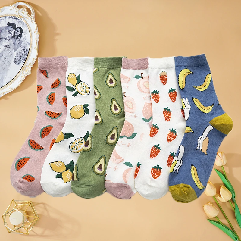 New Summer Cartoon Fruit Cotton Watermelon Lemon Strawberry Banana Avocado Women Korean Version Fashion Street Socks