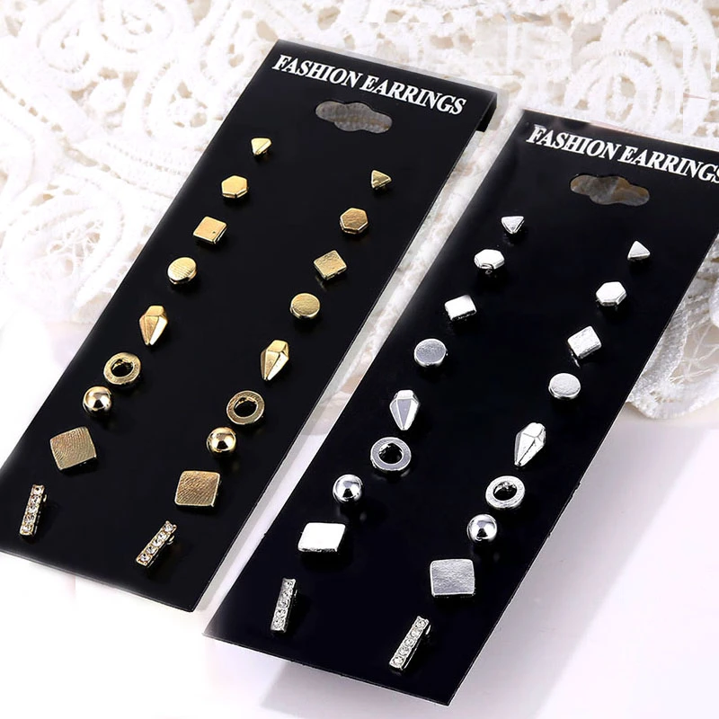 FNIO Minimalist Mixed Crystal Earrings Set For Women Gold Silver Color Simple Small Geometric Stud Earrings Girl Party Wholesale