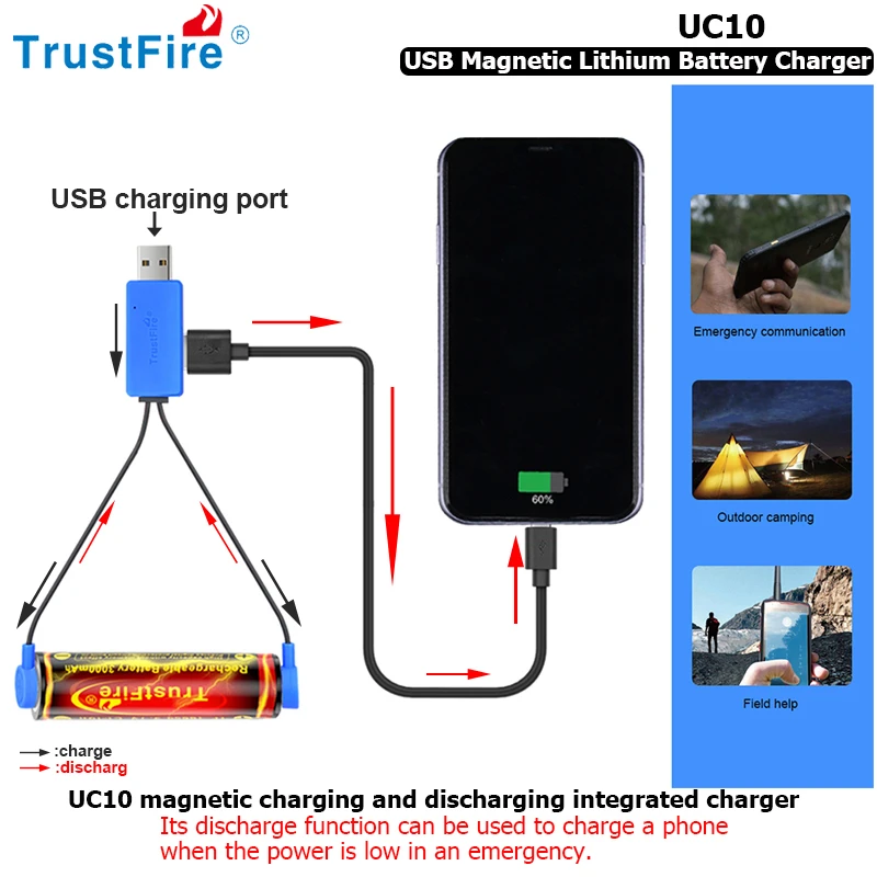 Trustfire Uc10 USB Magnetic Battery Charger Emergency Power Bank Smart Lithium Battery Charger For AA 14500 16340 18650 26650
