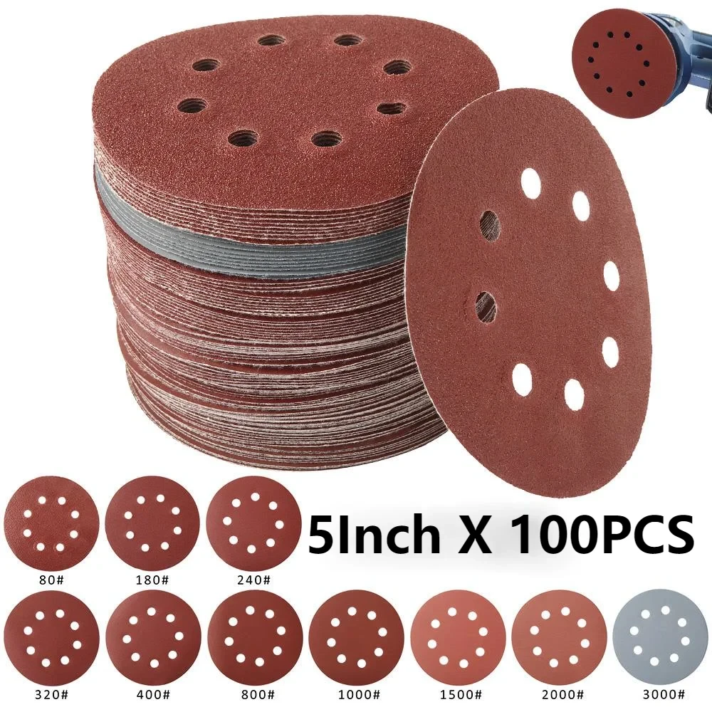 100Pcs 5Inch 125mm Round Sandpaper Eight Hole Sanding Disk Set 80-3000 Hook & Loop Abrasive Sander Paper Use For Polishing Tools