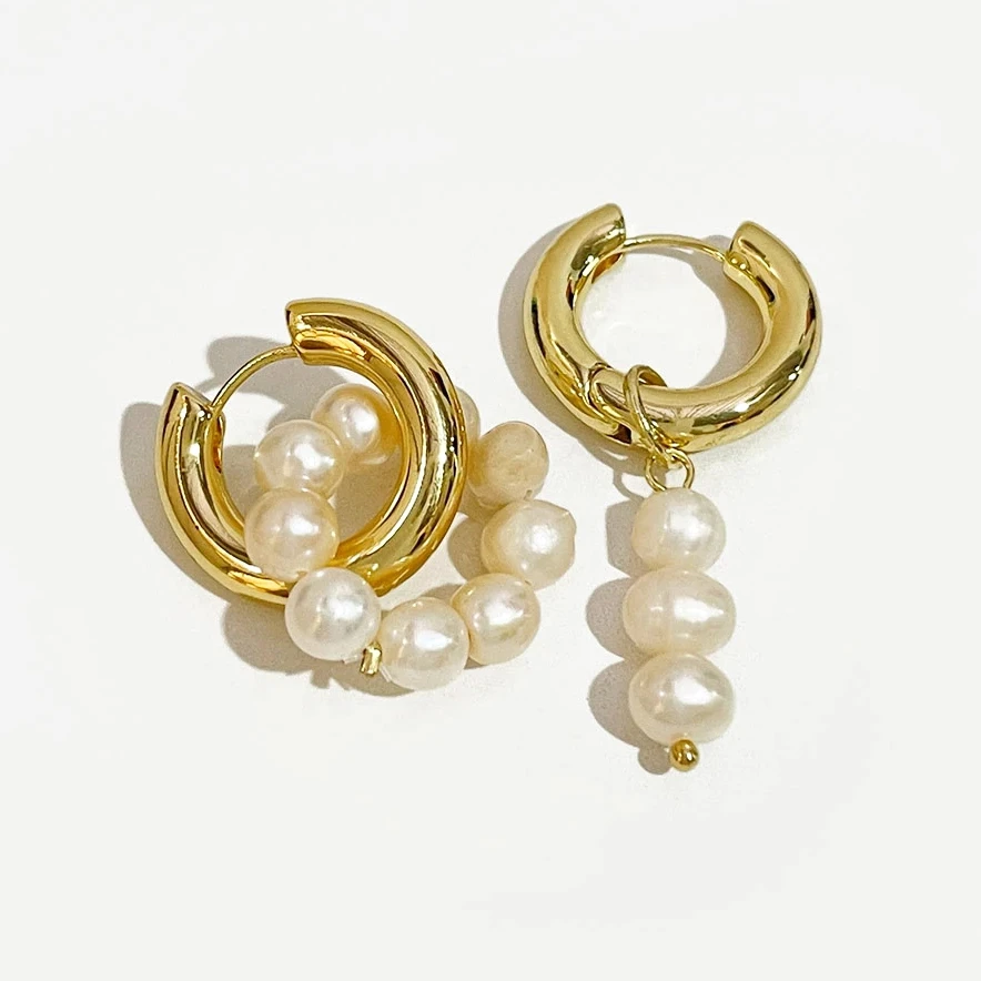 Peri'sBox Asymmetric Natural Freshwater Pearl Hanging Earrings Double Circle Dangle Earrings French Unusual French Drop Earrings