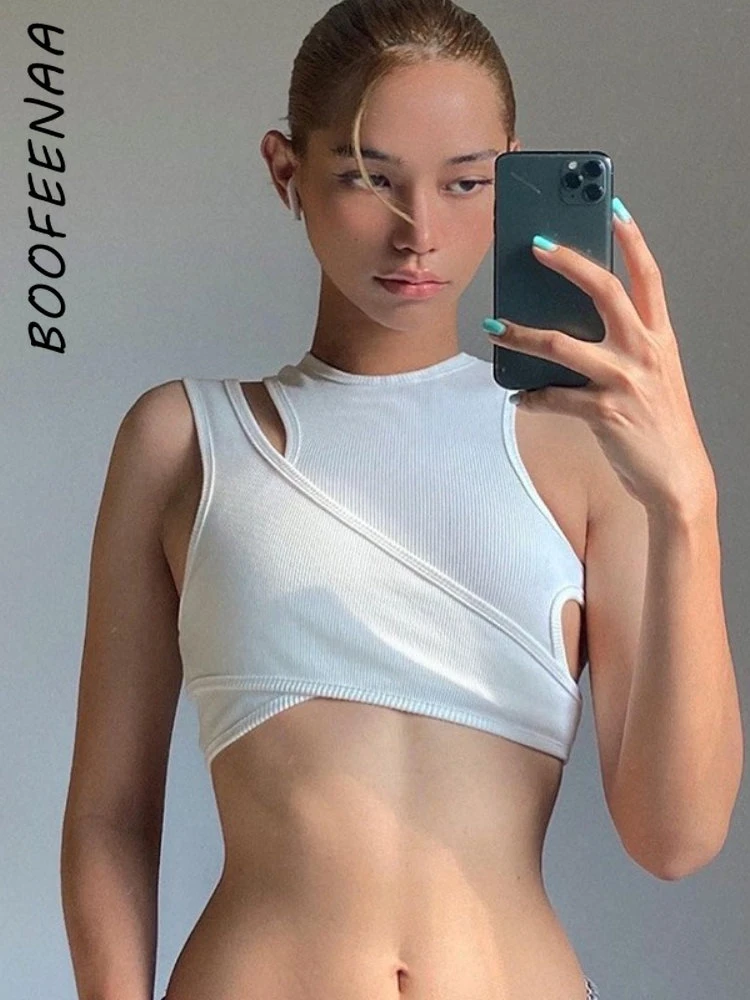BOOFEENAA Sexy Streetwear Asymmetrical Tank Top Two Piece Vest Summer Clothes for Women Casual Ribbed Crop Tops C66-BC10