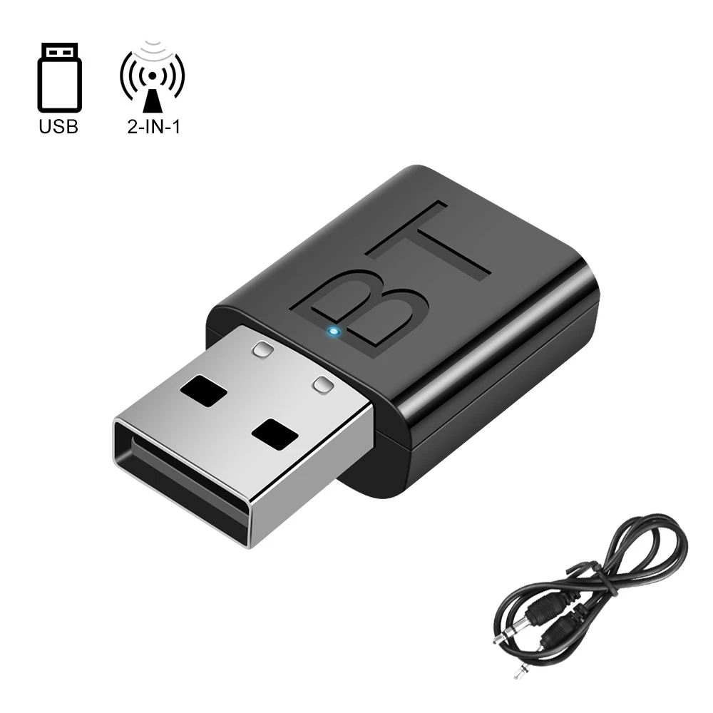 2 In 1 Bluetooth-compatible 5.0 Adapter Receiver Audio USB Transmitter Stereo with 3.5mm AUX Cable for Car TV Earphone Speaker