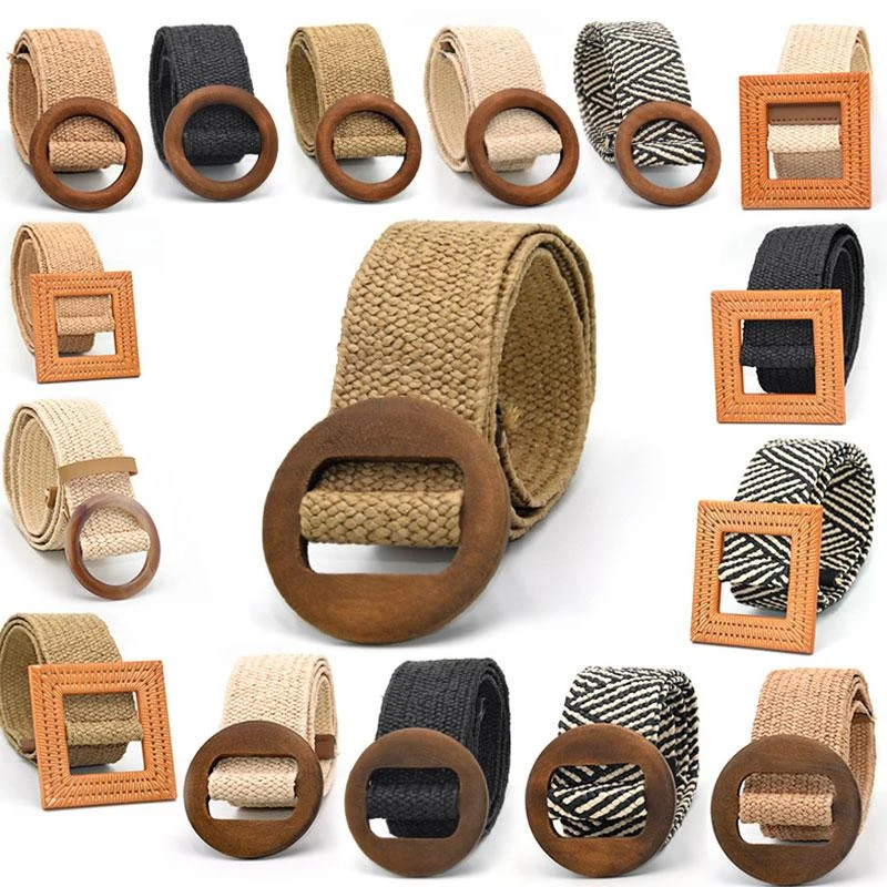 Vintage Bohemian Wide Belt Summer Wooden Buckle Wild Braided Belt Female Leopard Buckle Linen Weave Women Fake Straw Waist Belt