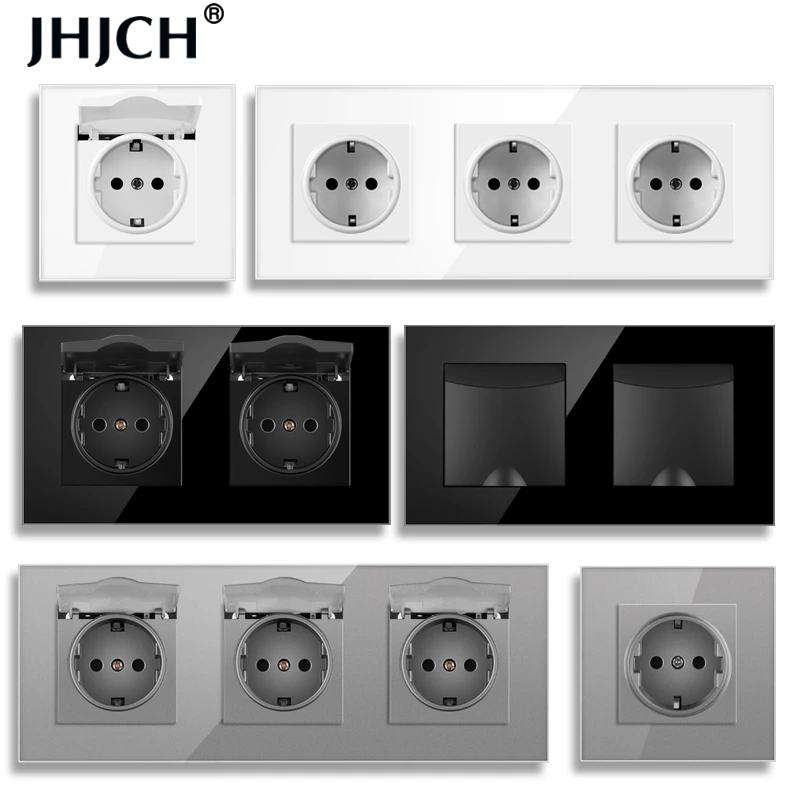 JHJCH Wall mounted glass panel 16A power socket, EU standard multi plug, with 2 USB charging ports, hidden LED indicator