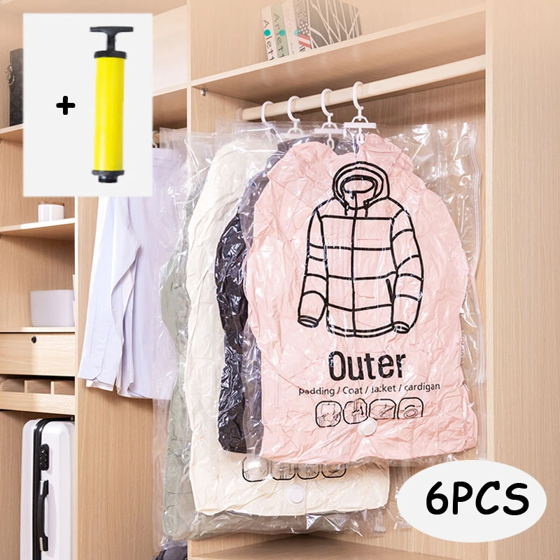 6pcs/set Can Hang Vacuum Bag for Clothes Foldable Transparent Border Compression Organizer Pouch Sealed Storage Bags Save Space