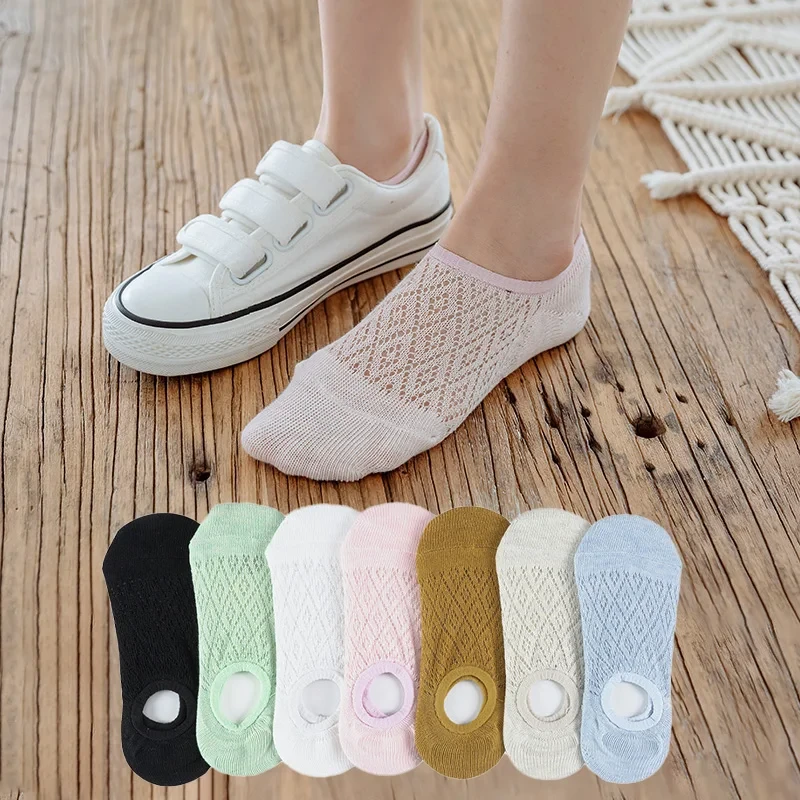 5 Pairs/Set Women Silicone Non-slip Invisible Socks Summer Solid Color Mesh Ankle Boat Socks Female Cotton Slipper No Show Socks