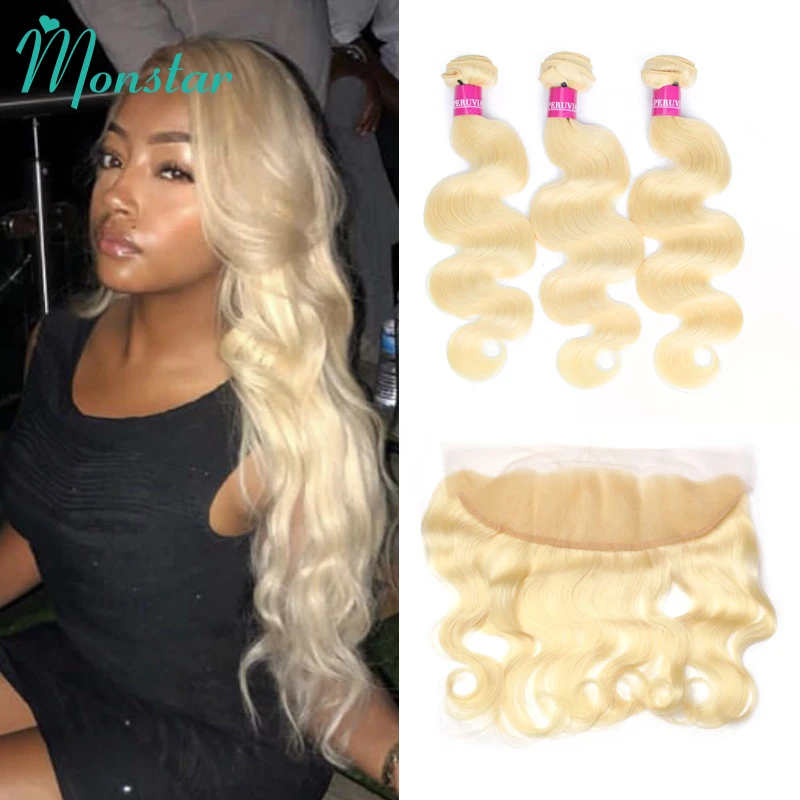 Monstar Remy Blonde Color Hair Body Wave 3 4 Bundles with 13x4 Ear to Ear Lace Frontal Closure Brazilian Human Blonde 613 Hair