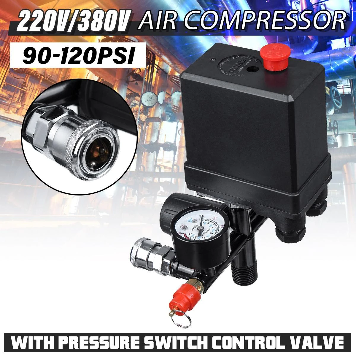 220V/380V 90-120 psi Air Compressor Pump with Pressure Switch Control Valve Manifold Relief Regulator with Gauge