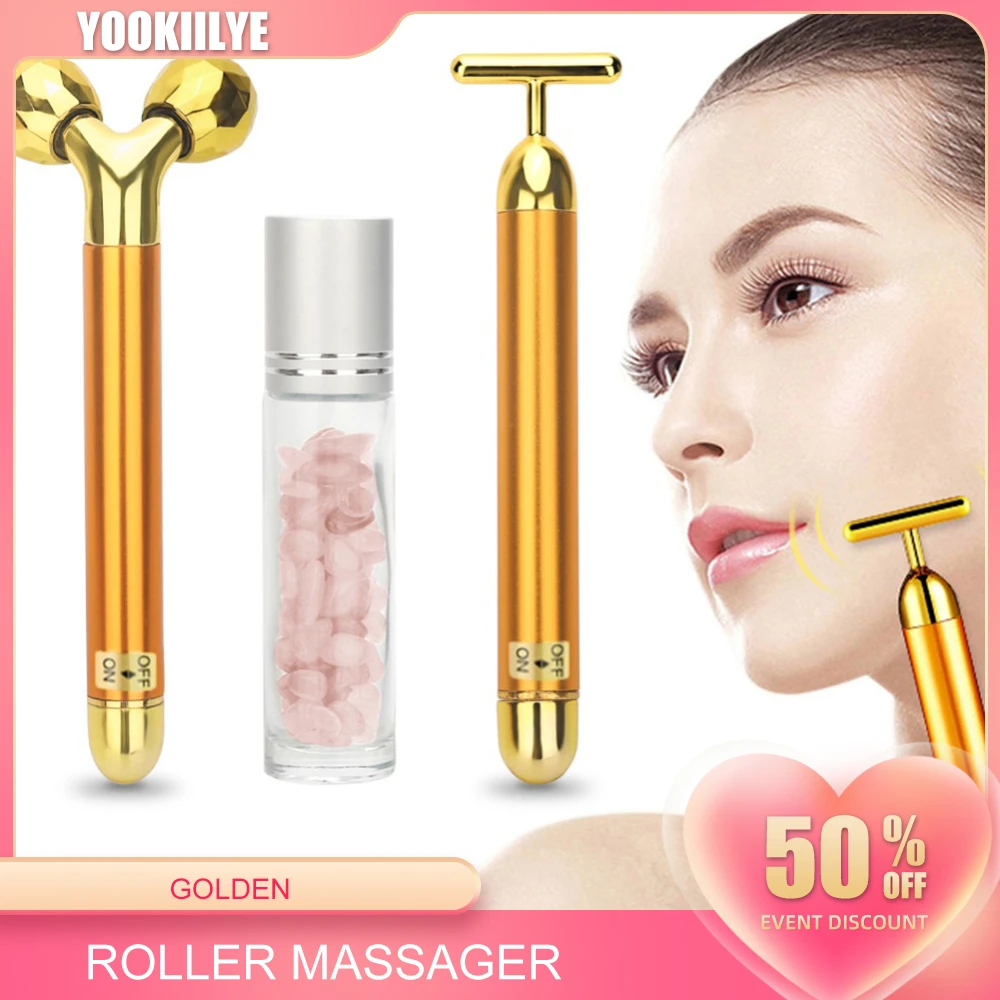 Energy Beauty Bar 24k Golden Vibrating Facial Roller Massager Face Lifting Anti-wrinkle Skin Care Gemstone Roller Ball Set Box