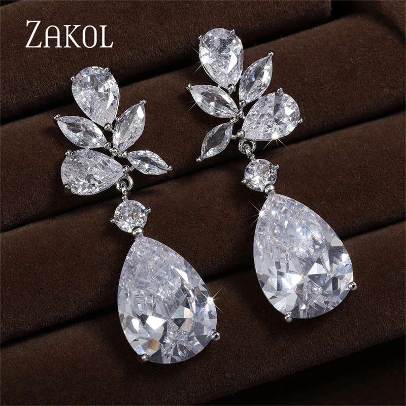 ZAKOL Bridal Wedding Accessories Jewelry Exquisite Teardrop Cubic Zircon Dangle Drop Earrings with Rose Gold Color EP2196