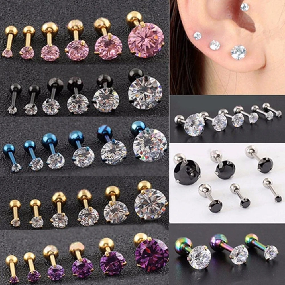 2PCs Fashion CZ 3 Prong Tragus Cartilage Stainless Steel Ear Stud Crystal Zircon Earrings Piercing Jewelry Gold Clear boucle