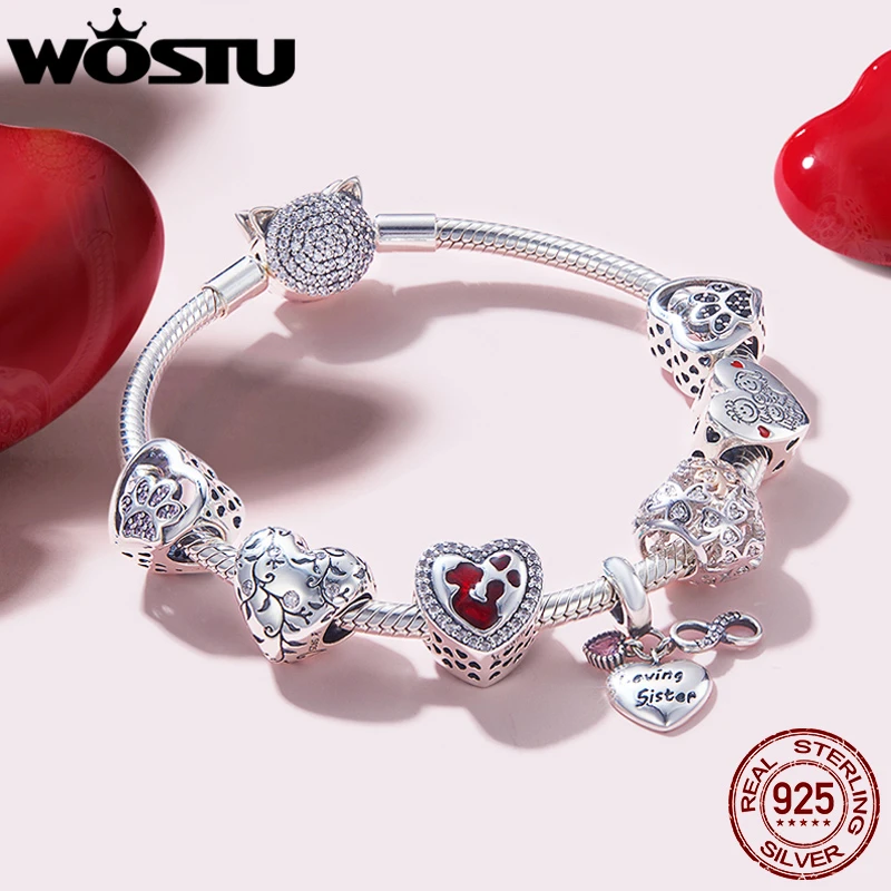 WOSTU 100% Authentic 925 Sterling Silver Heart Vintage Charm Mom Beads Fit Original Bracelet Pendant DIY Jewelry Charms Gift