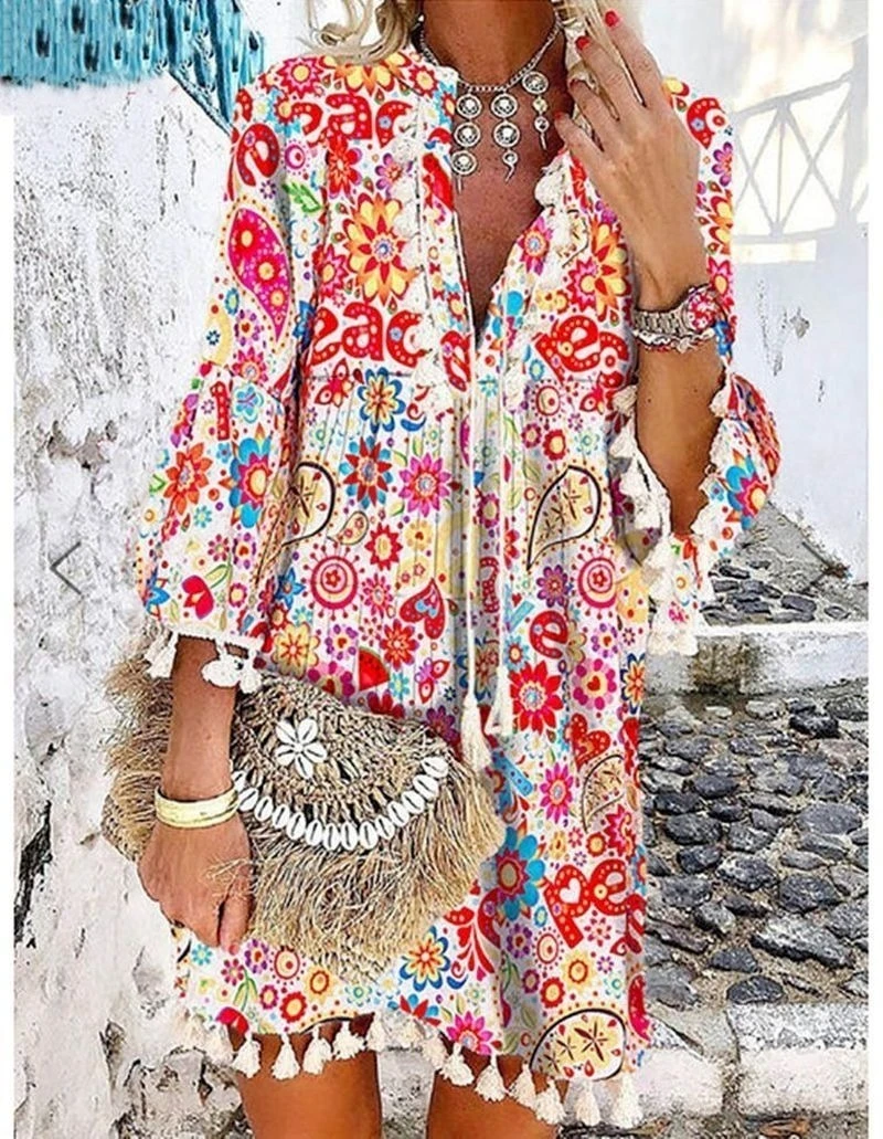 2021 Daisy Print Bohemian Women Dress Burretfly Three Quarter Sleeve Women Dress Loose Waist Placket Lace Up Tassel Lady Dress