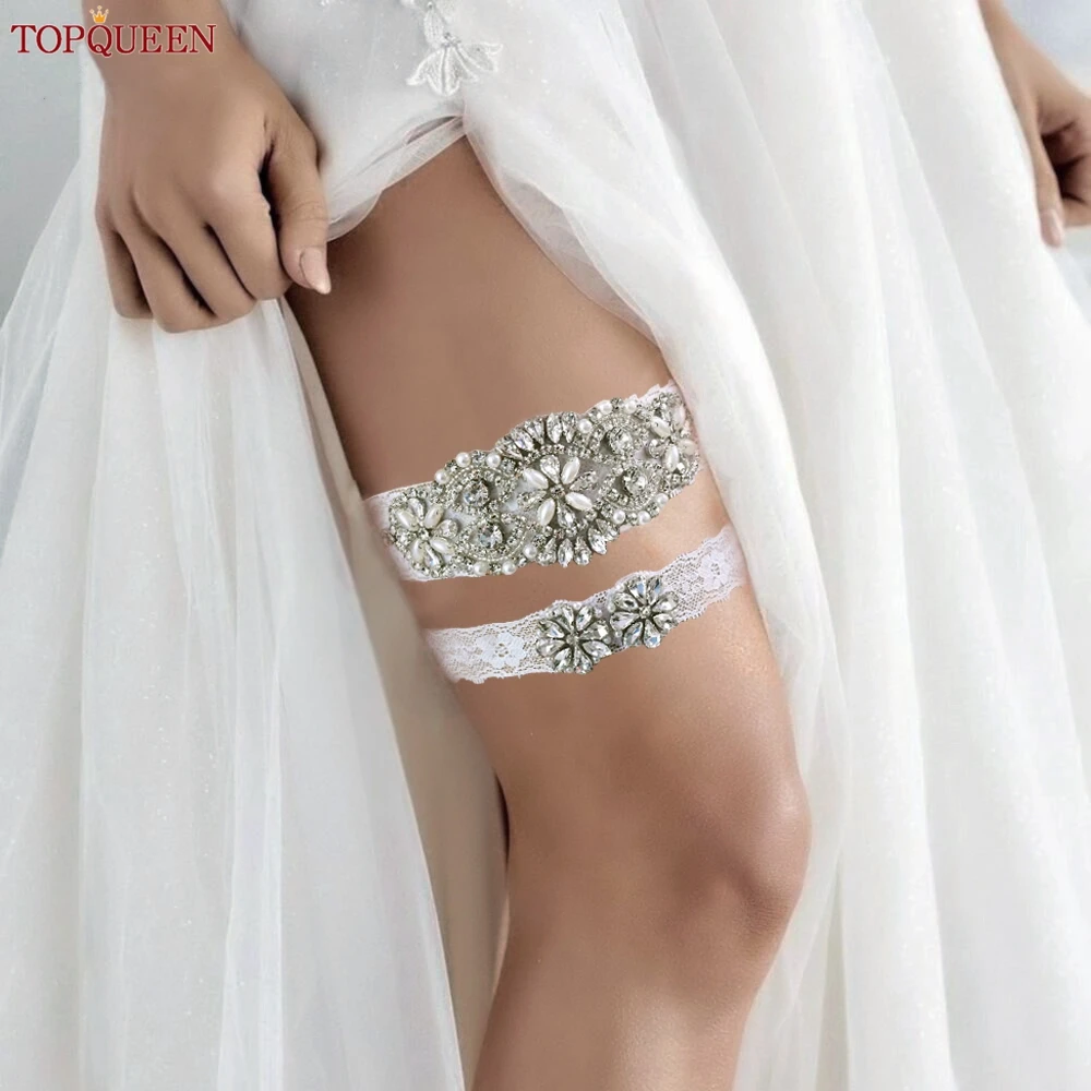 TOPQUEEN  Sexy Girls Garter Lace Garters Bridal Garters for Women Rhinestone Garters Belt Wedding Garters for Bride Dress THS76