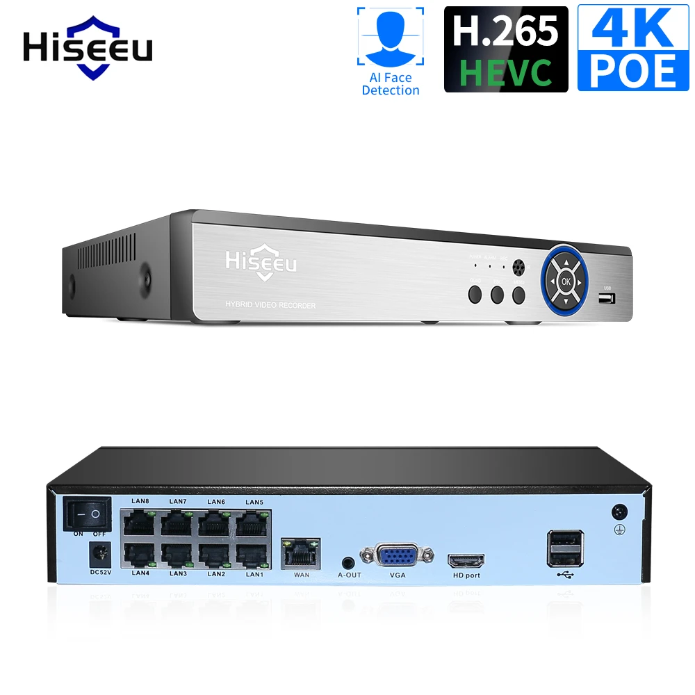 Hiseeu 4K 8CH POE NVR H.265 3.5mm Audio Out Surveillance Security Video Recorder for POE IP Camera (1080P/4MP/5MP/8MP/4K)