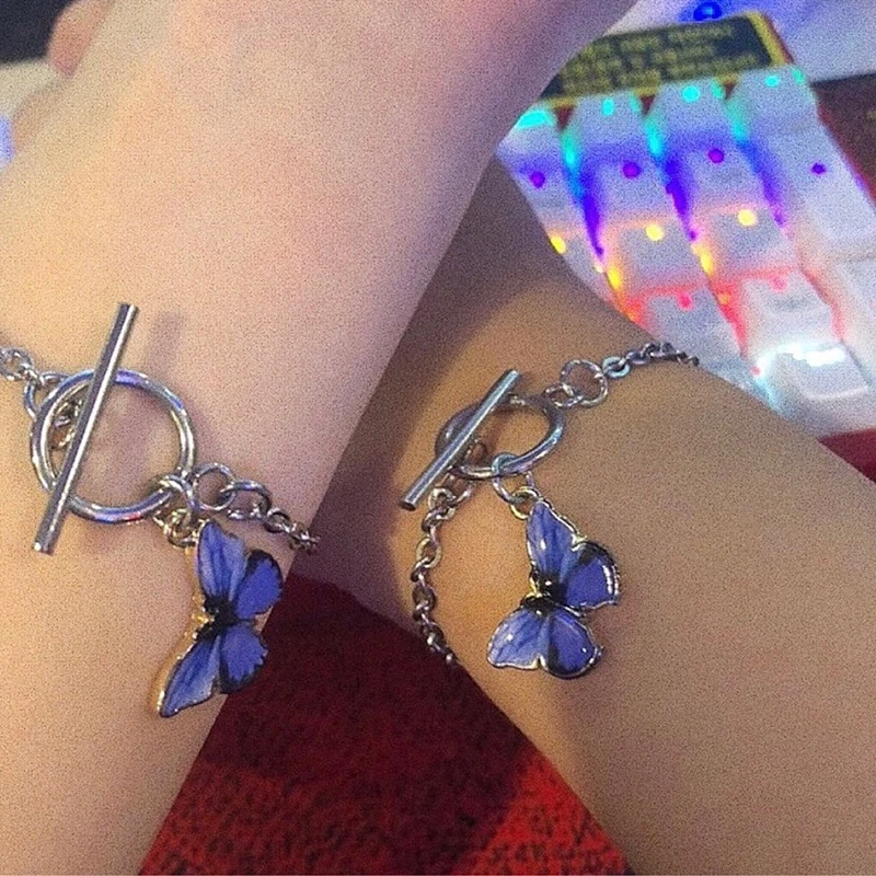 1Pairs Kpop Blue Butterfly Bracelet Street Style Chain Bracelets for Couple Women Men Jewelry Gifts