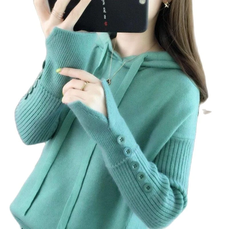 2021 new autumn winter hooded women sweater tops Korean loose pullover Knitwear Solid color casual Female short sweater coat