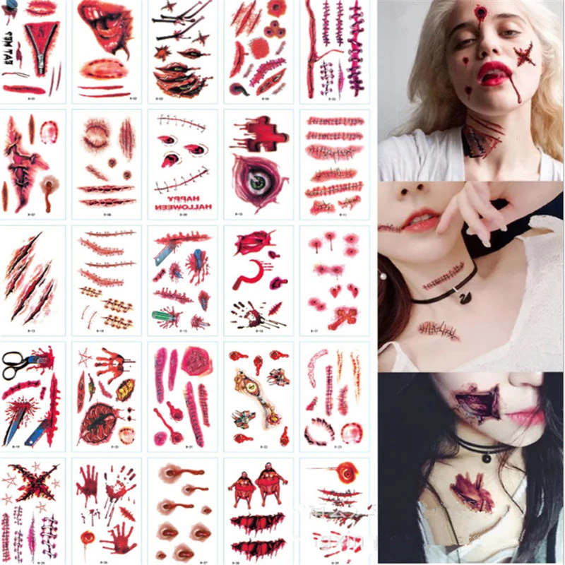 30pcs/pack Halloween Tattoo Stickers Simulation Horror Bleeding Suture Scars Stickers DIY Halloween Decoration Party Supplies-S