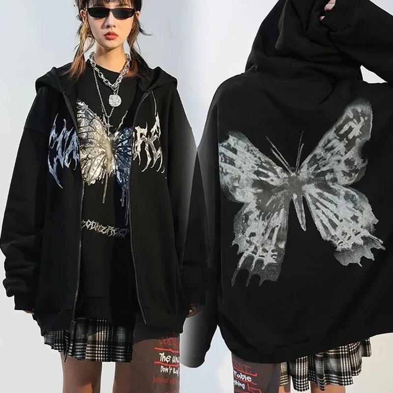 Goth Dark Butterfly Print Hoodies Women Grunge Punk Loose Zip Up Jacket Coat Autumn Hip Hop Hoody Y2K Harajuku Couple Streetwear