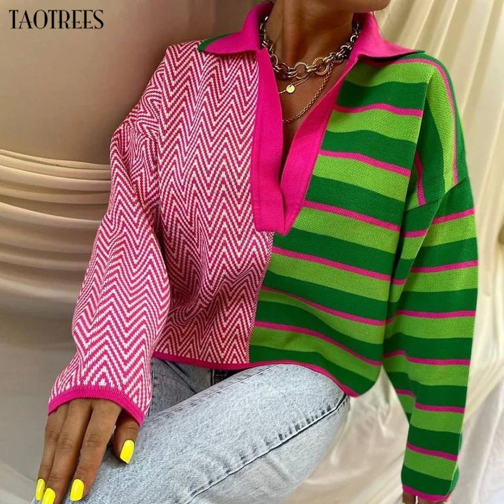 Taotrees Women's Knitwear Knitted Long Sleeve Colorblock Pullover Striped and Wave Pattern Lapel Sweater Jumper