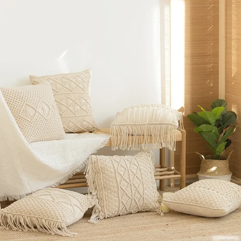 Cushion Covers 100% Cotton Linen Macrame Hand-woven Thread Pillow Covers Geometry Bohemia Style Pillowcase Home Decor 45*45cm