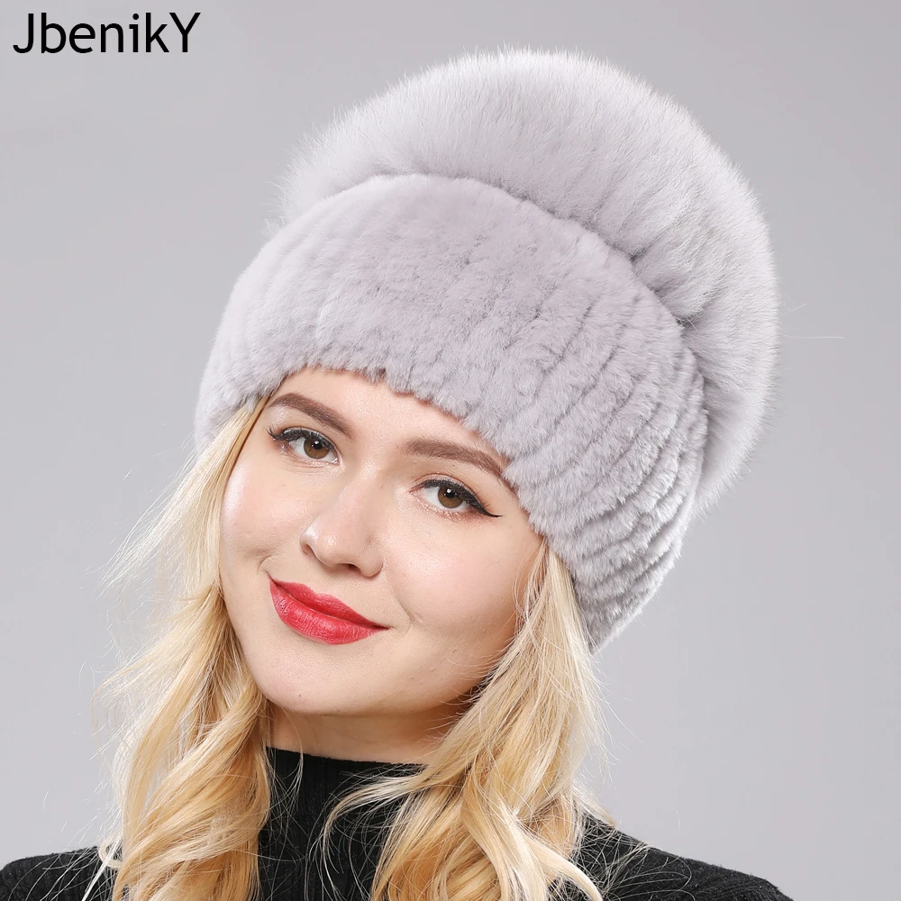 New Women Winter Luxury Real Rex Rabbit Fur Hat Knitted Rex Rabbit Fur Hat Top Natural Fox Fur Cap Genuine Fox Fur Beanies Hat