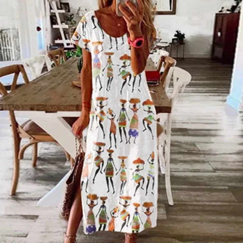 Woman Long Summer Dress Casual Split Dresses Ethnic Style Digital Print Maxi Dresses Girls Loose Beach Sundress Robe De Plage