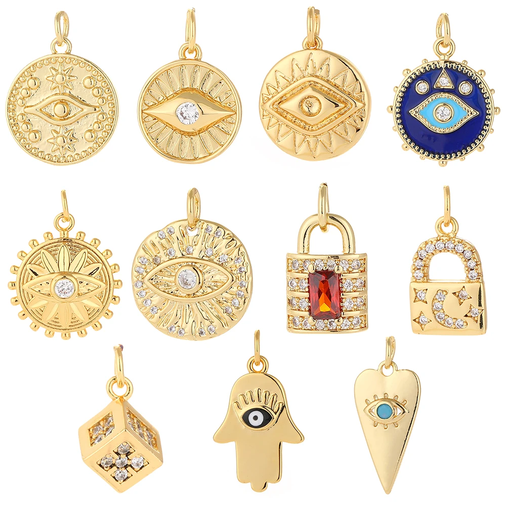 Turkish Evil Blue Eye Amulet Charms for Jewelry Making Supplies Gold Lock Charm Diy Pendant Designer Coin Necklace Bracelet CZ