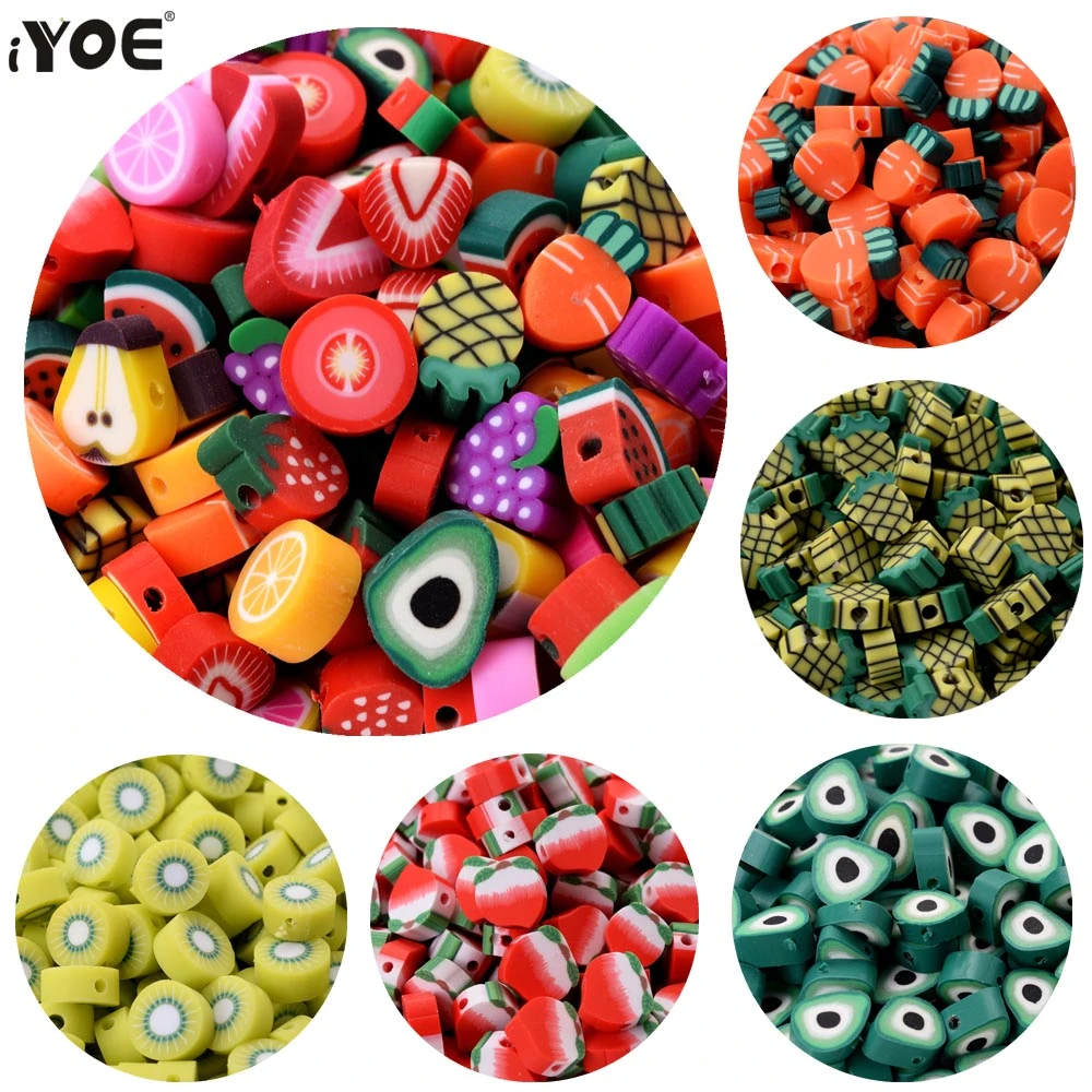 30/50/100pcs 10mm Fruit Beads Polymer Clay Beads Peach Pineapple Avocado Spacer Beads for Jewelry Making DIY Bracelet Earring