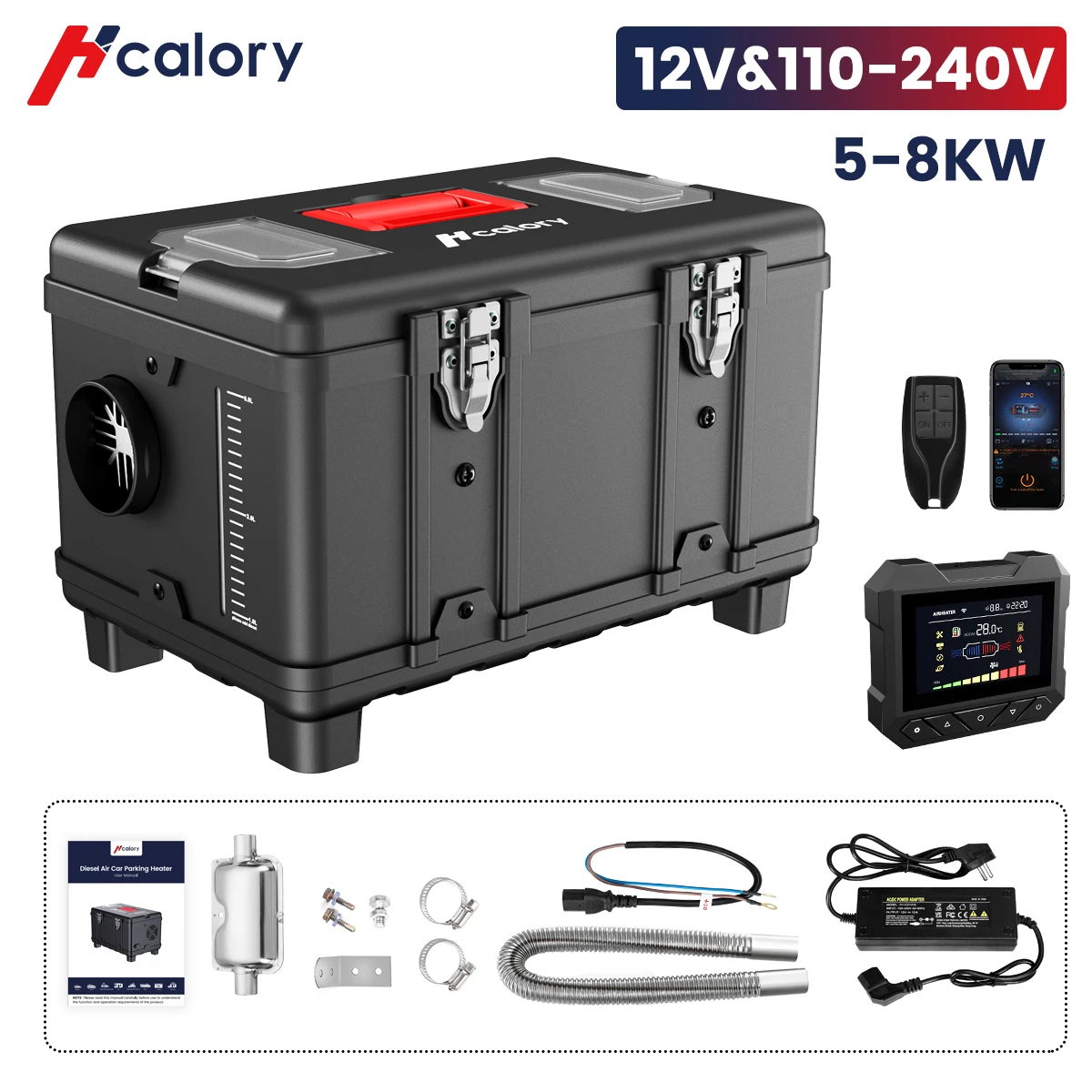 Hcalory All In One 1-8kW Air diesels Heater Red 8KW 12V One Hole Car Heater For Trucks Motor-Homes Boats Bus+LCD key Switch