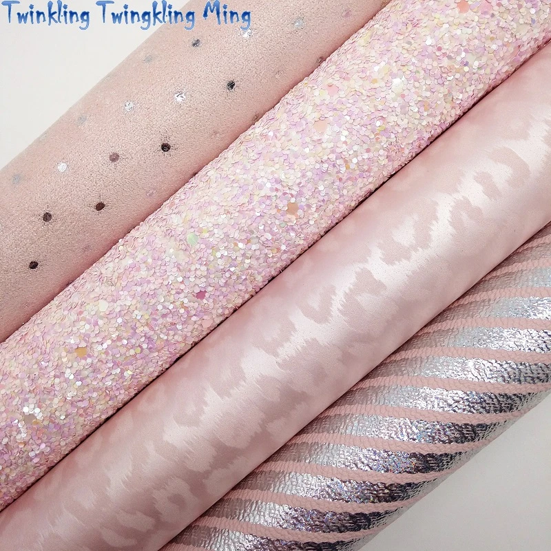 PINK Glitter Fabric, Stripes Synthetic Leather, Leopard Faux Fabric, Velvet Fabric Sheets For Bow 21x29CM Twinkling Ming XM024G