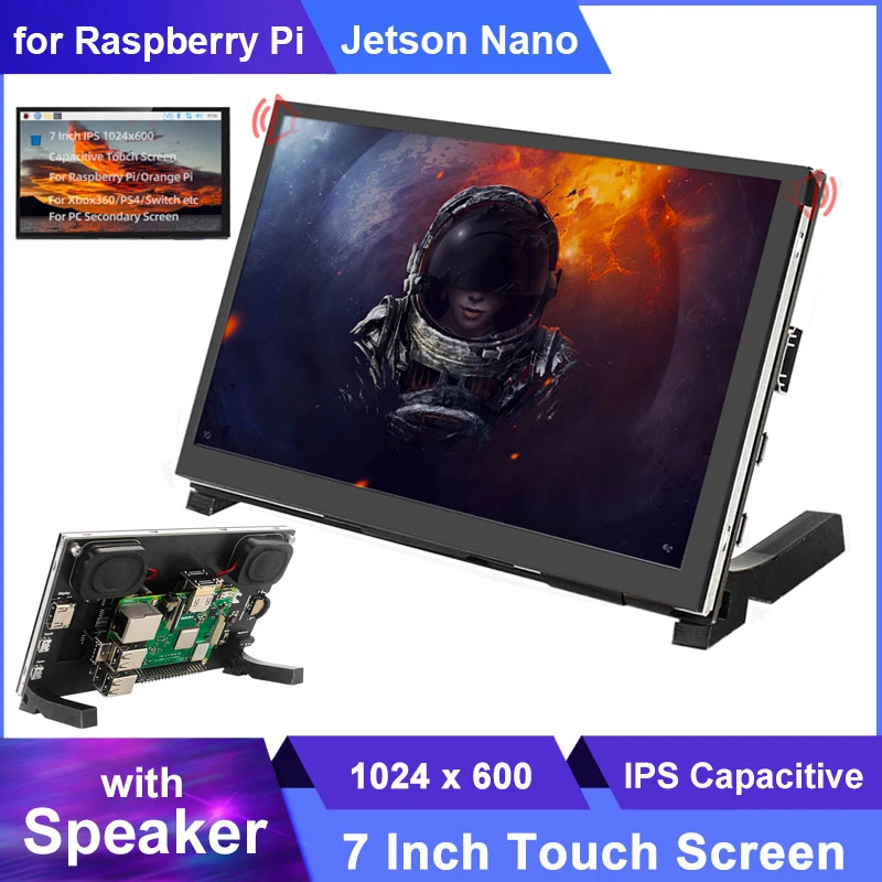 7 Inch Raspberry Pi 4 Model B Touch Screen 1024x600 IPS Capacitive LCD with Speaker for Raspberry Pi 3B+/3B/Nvidia Jetson Nano