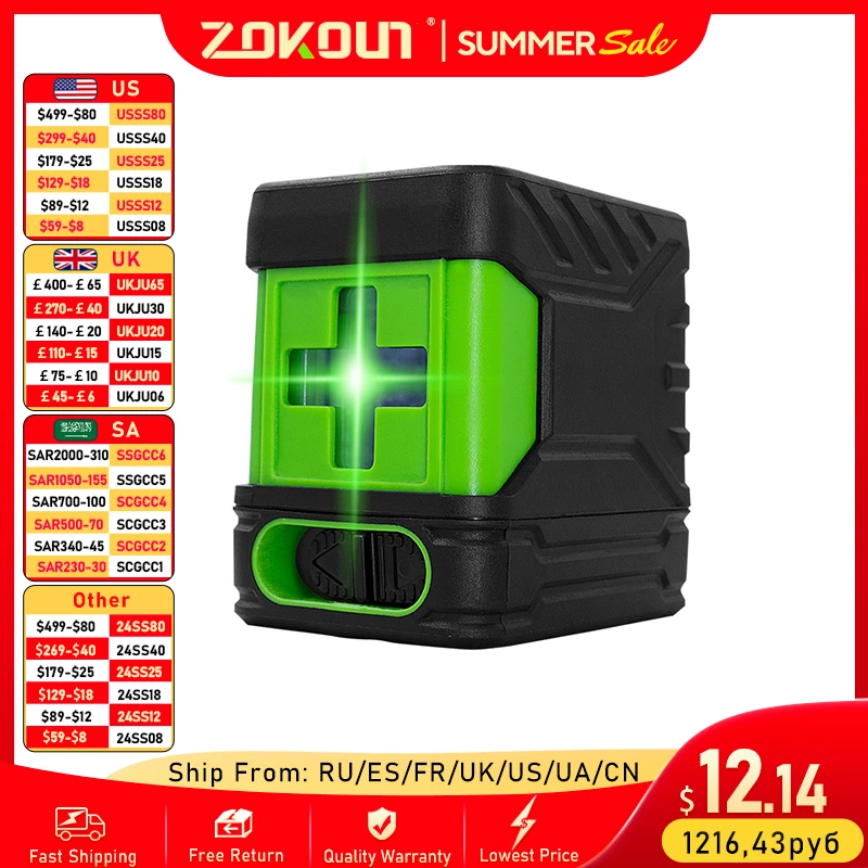 Zokoun 2 Lines Laser Level Self Levelling ( 4 degrees) Green Red Beam Laser Horizontal & Vertical Cross-Line with Magnetic Base